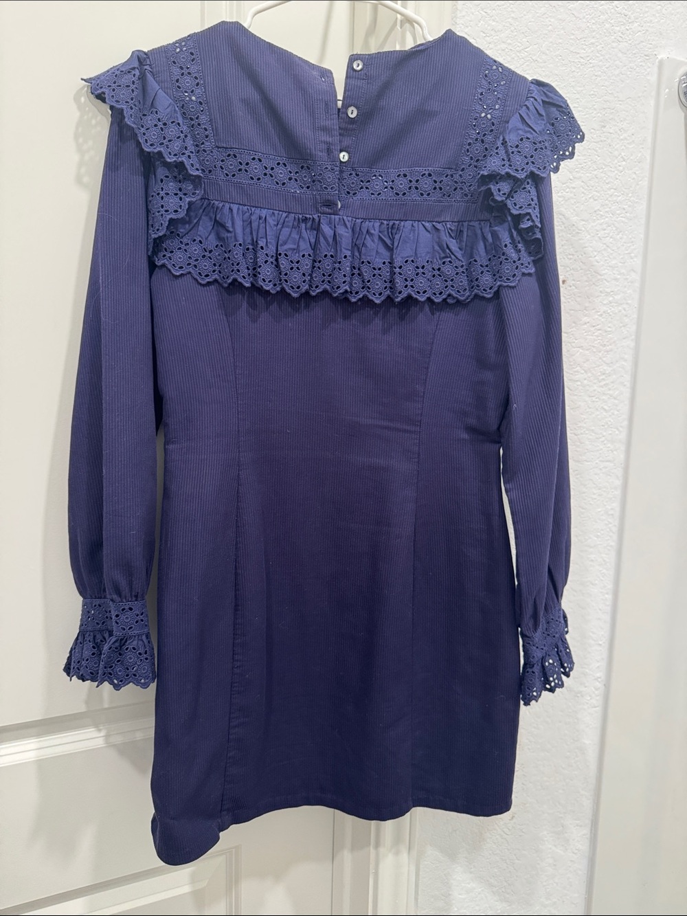 Doen Minore Ruffled Broderie Anglaise-trimmed Ribbed Cotton Navy Mini Dress - Picture 4 of 5